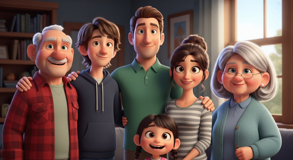 A friendly, three-generation cartoon portrait of the Miller family, featuring grandparents, parents, and two children smiling warmly.