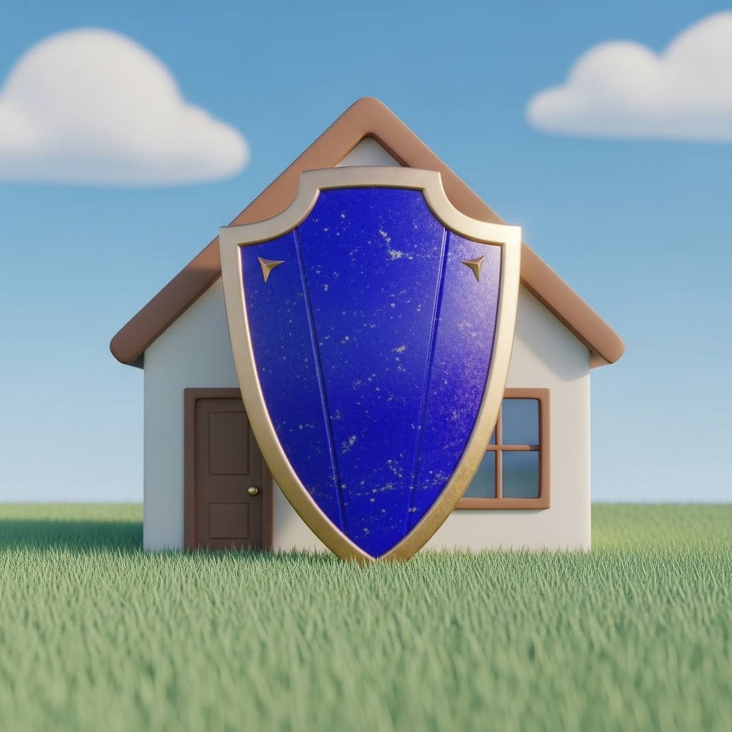 An elegant, deep blue shield with a soft gold trim protectively standing in front of a small, minimalist white house on a sage green ground, symbolizing financial security and insurance.