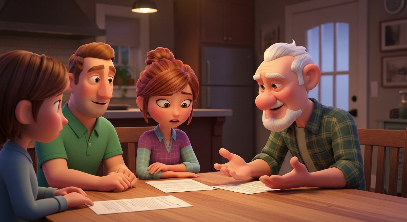 The Miller family discusses term vs. whole life insurance at their kitchen table.