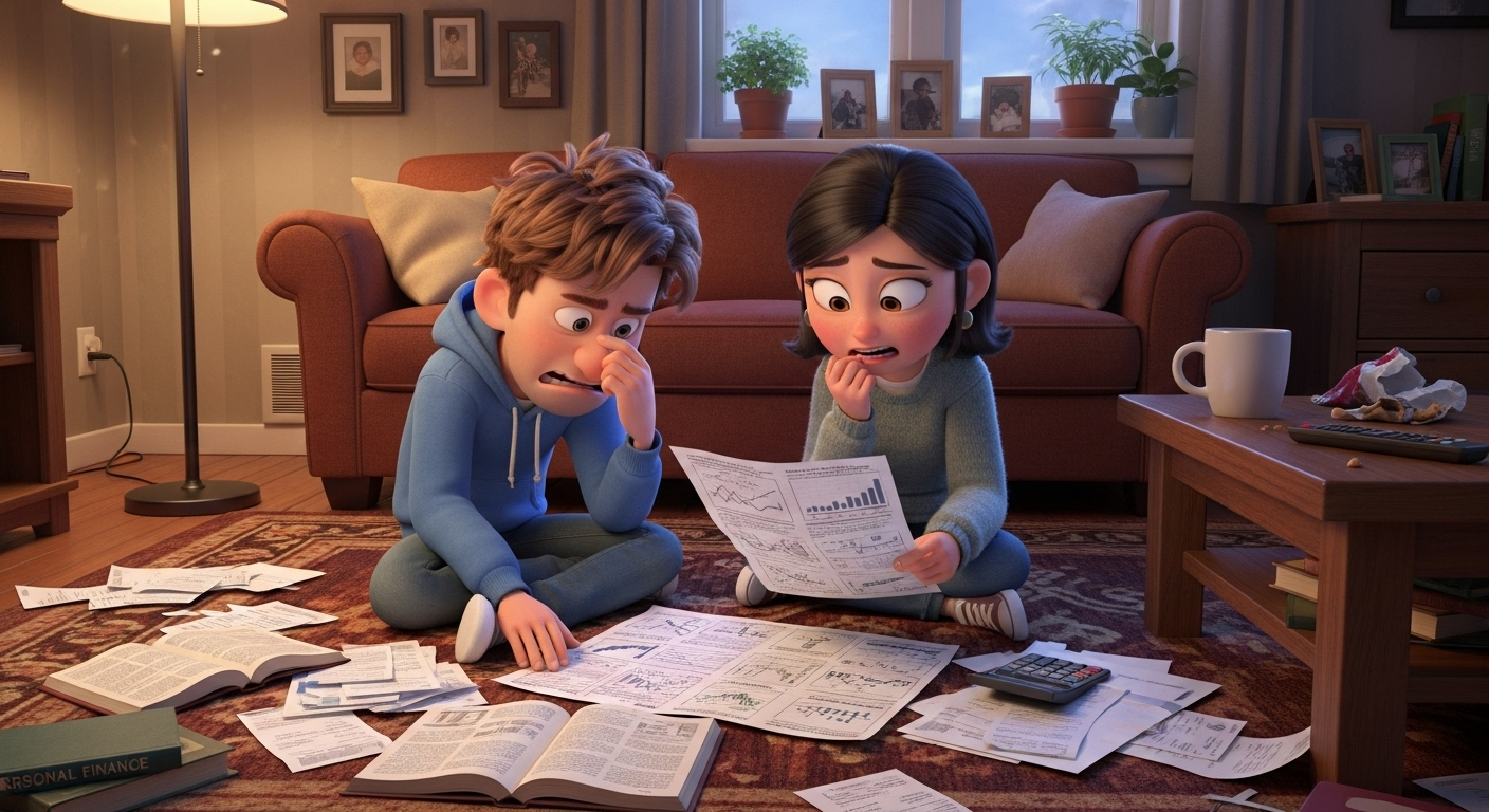 Illustration of a couple looking overwhelmed by paperwork, learning about life insurance for beginners.