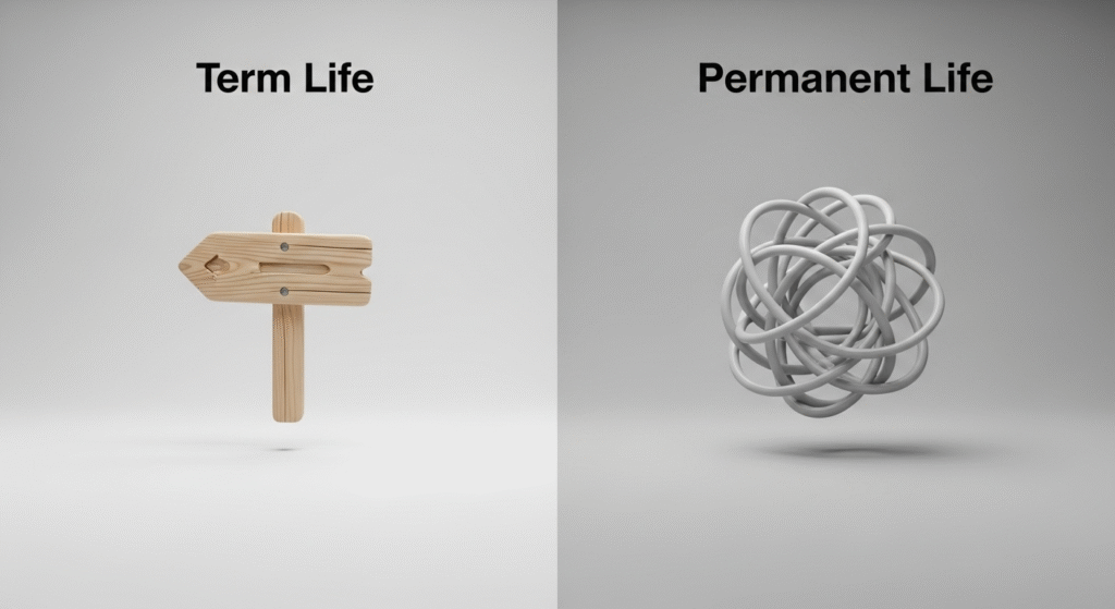 A graphic comparing Term Life Insurance, shown as a simple path, to Permanent Life Insurance, shown as a complex maze.
